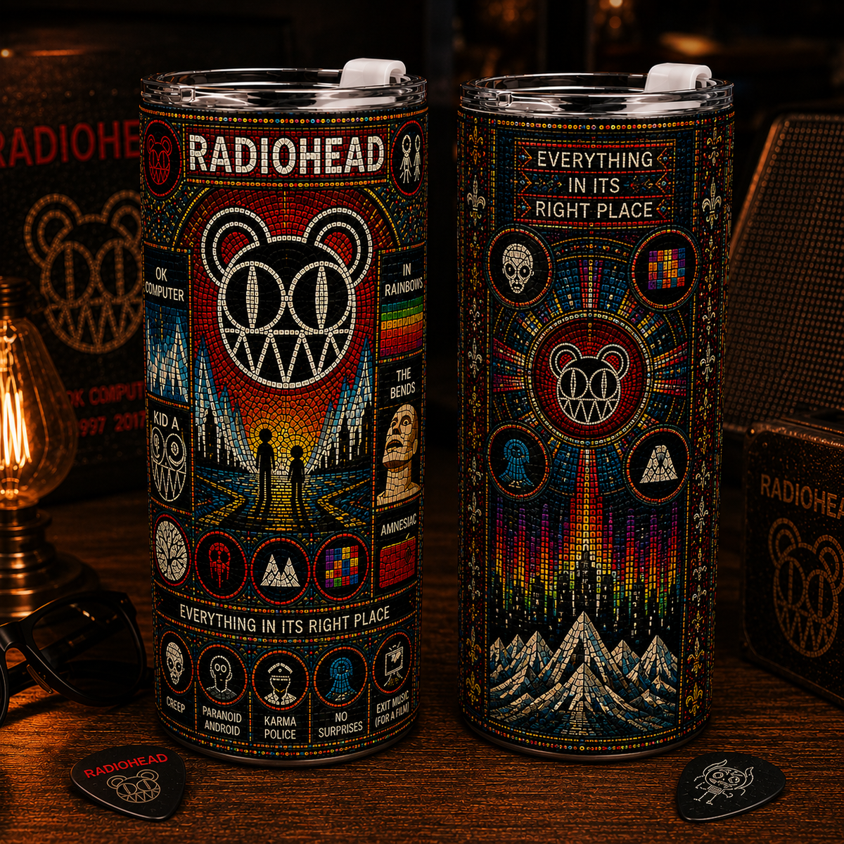 Radiohead Stained Glass 20oz 40ozTumbler OK Computer Inspired Stainless Steel Travel Tumbler with Lid for Radiohead Fans