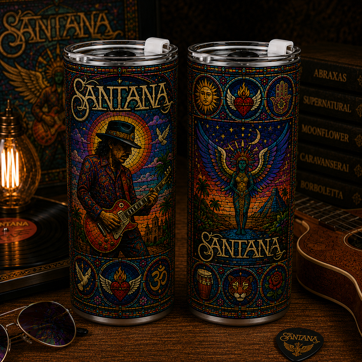 Santana 20oz & 40oz Stained Glass Stainless Steel Tumbler Latin Rock Travel Mug With Lid and Straw