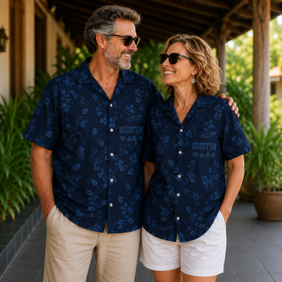 Led Zeppelin Navy Floral Toile Hawaiian Shirt, Zeppelin Airship Button-Up Shirt, Classic Rock Fan Gift