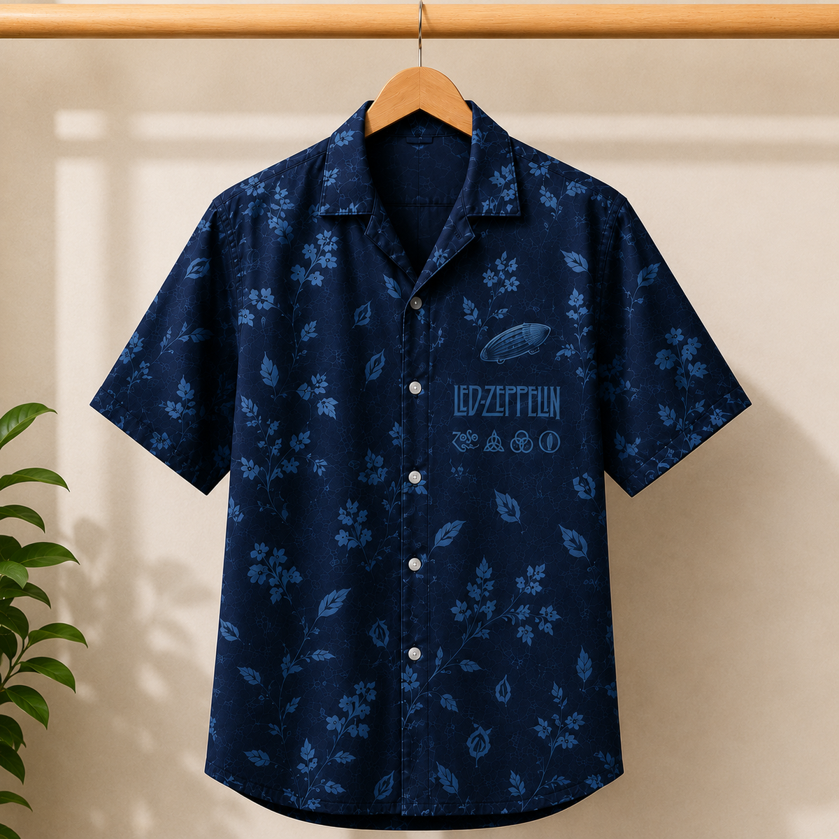 Led Zeppelin Navy Floral Toile Hawaiian Shirt, Zeppelin Airship Button-Up Shirt, Classic Rock Fan Gift