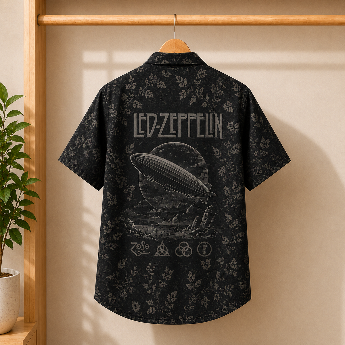 Led Zeppelin Navy Floral Toile Hawaiian Shirt, Zeppelin Airship Button-Up Shirt, Classic Rock Fan Gift