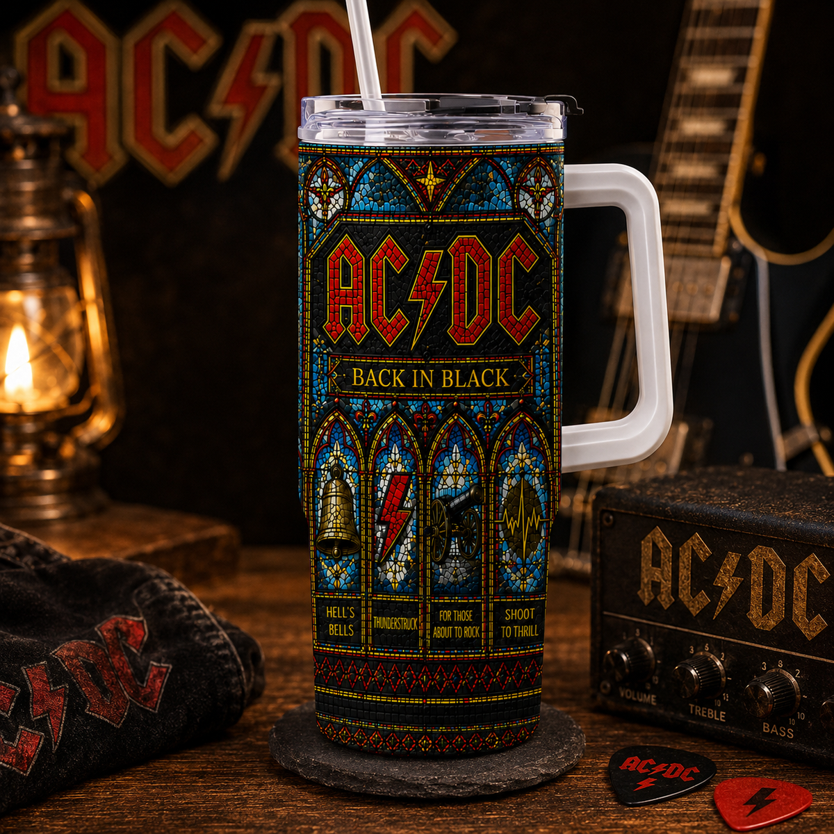 AC/DC Back in Black Stained Glass Tumbler 20oz & 40oz Stainless Steel Travel Mug for Classic Rock Fans