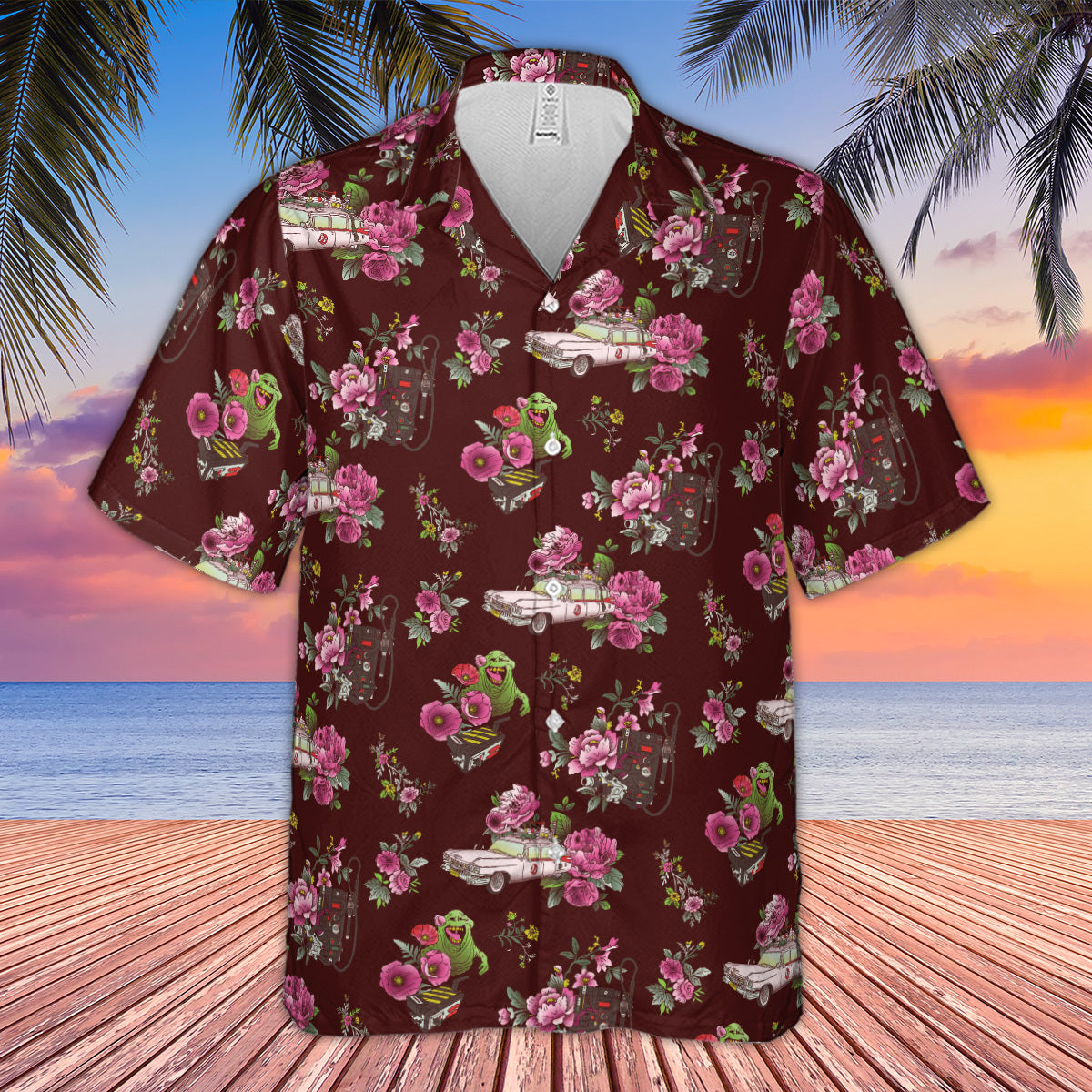 Slimer Ecto-1 Proton Pack Floral Ghostbusters Hawaiian Shirt