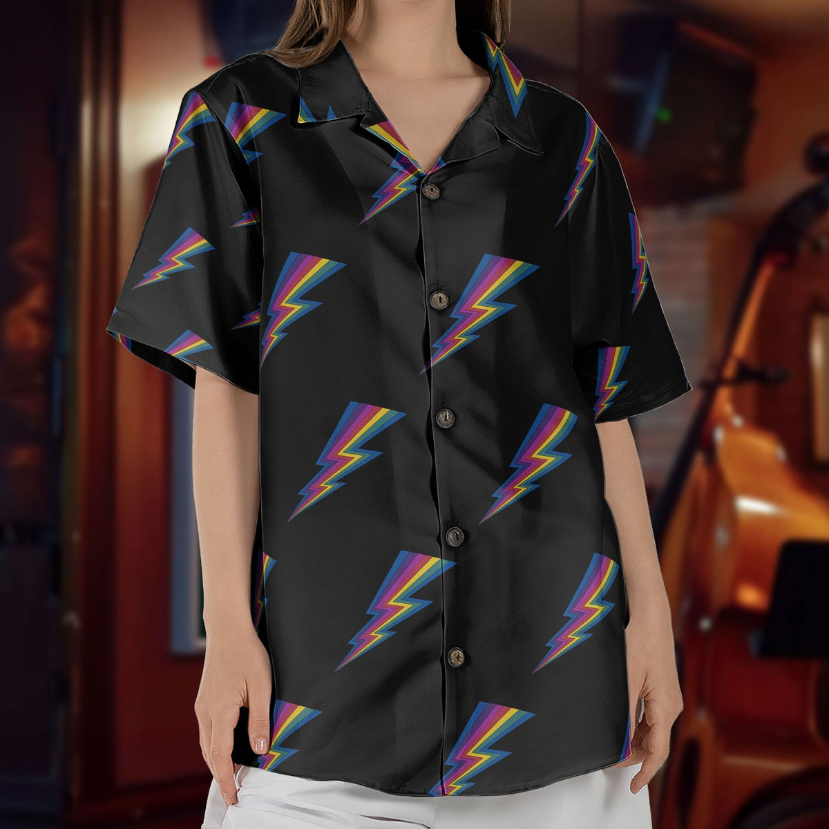 Retro Rainbow Lightning Hawaiian Shirt – Glam Rock Vintage Button Up