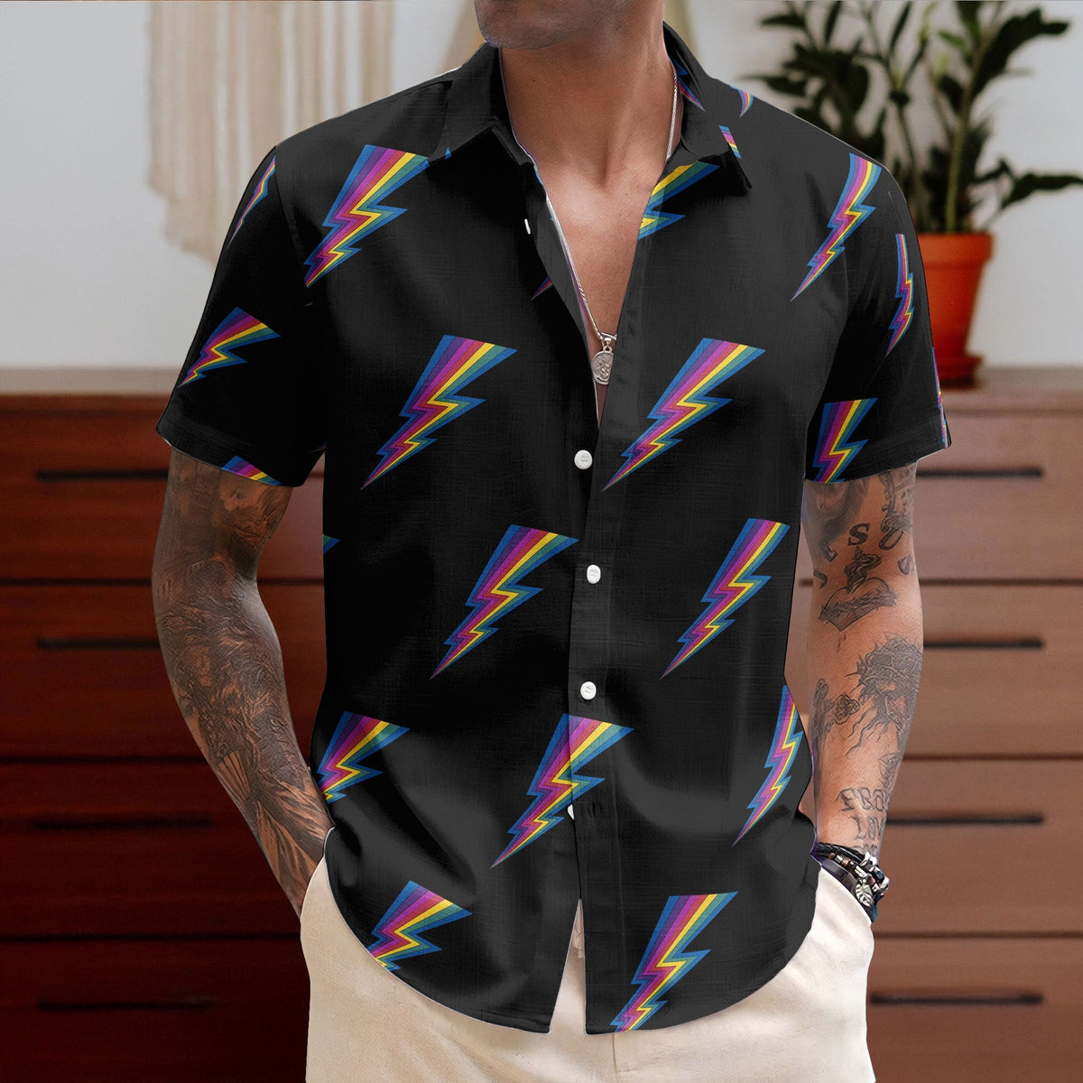 Rainbow Lightning Bolt Unisex Hawaiian Shirt – Retro Pattern Hawaiian Button-Up Shirt