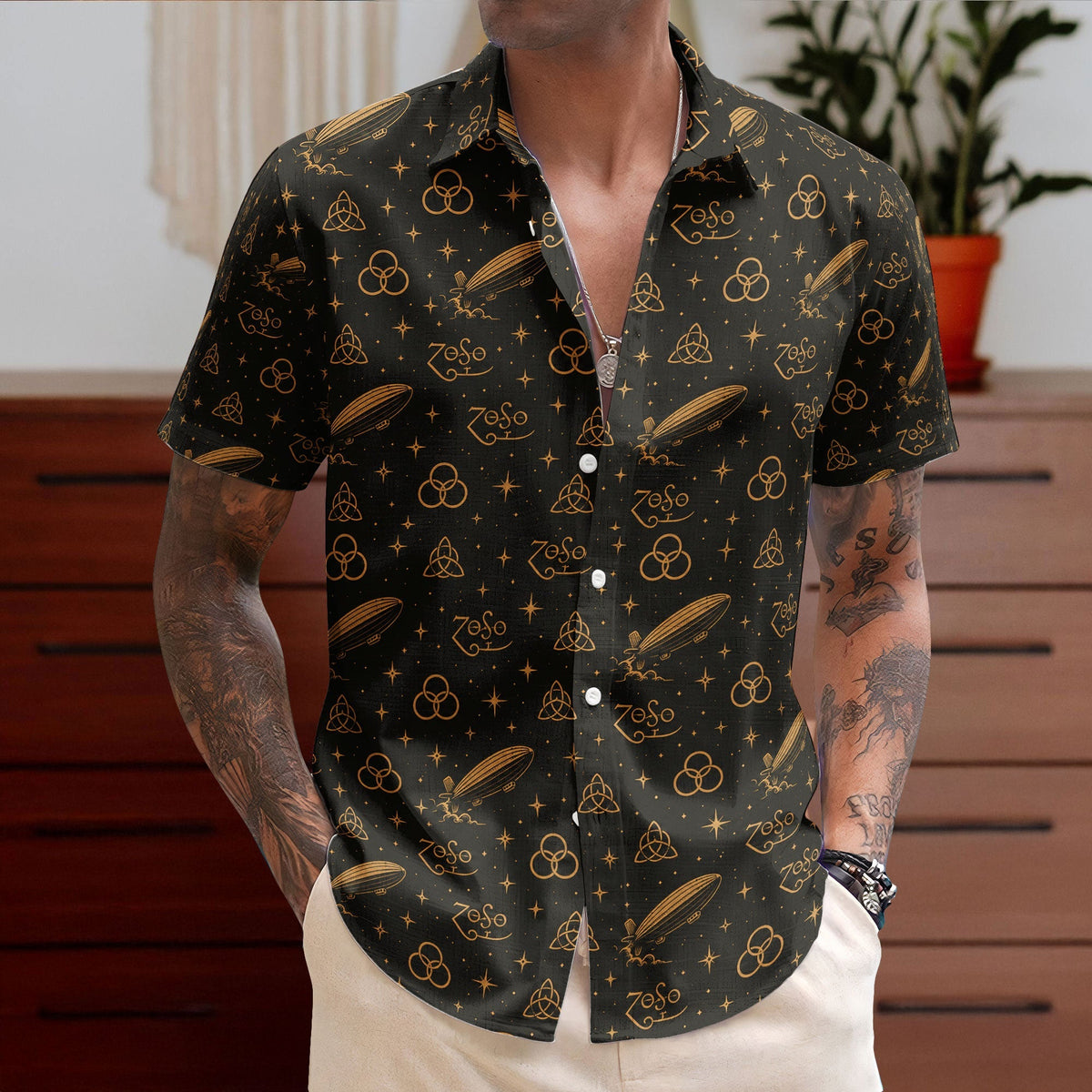 Led Zeppelin Four Symbols ZoSo Monogram Black Gold Hawaiian Shirt – Retro Music Album Art Inspired Unisex Shirt