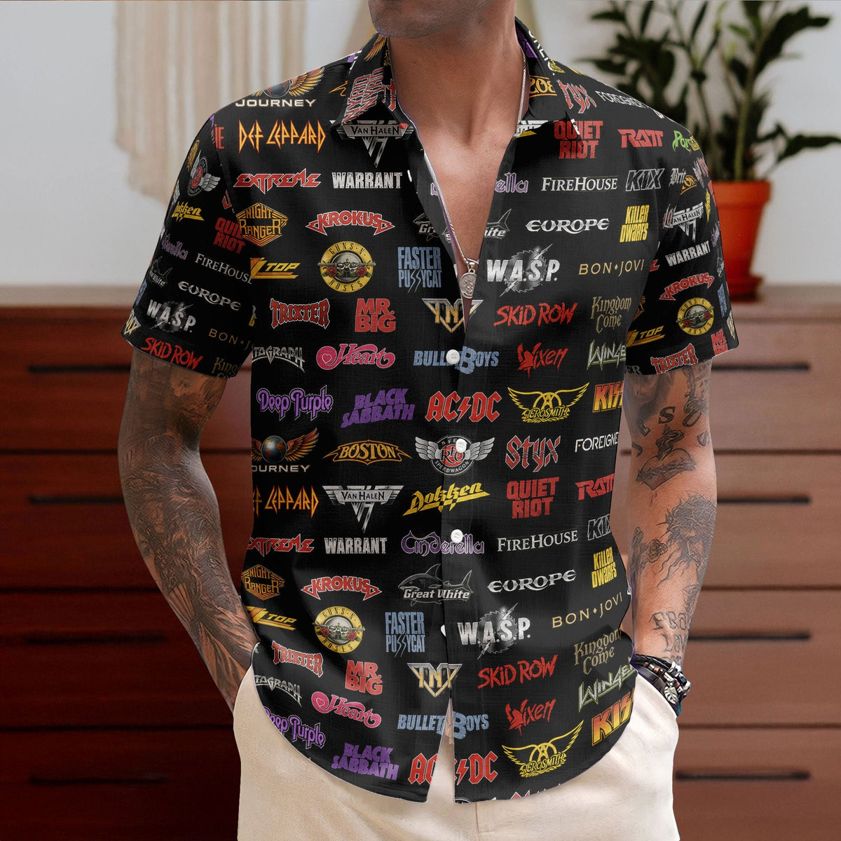 Hard Rock Band Logos Hawaiian Shirt - Unisex Retro Rock Concert Black Summer Beach Button Up