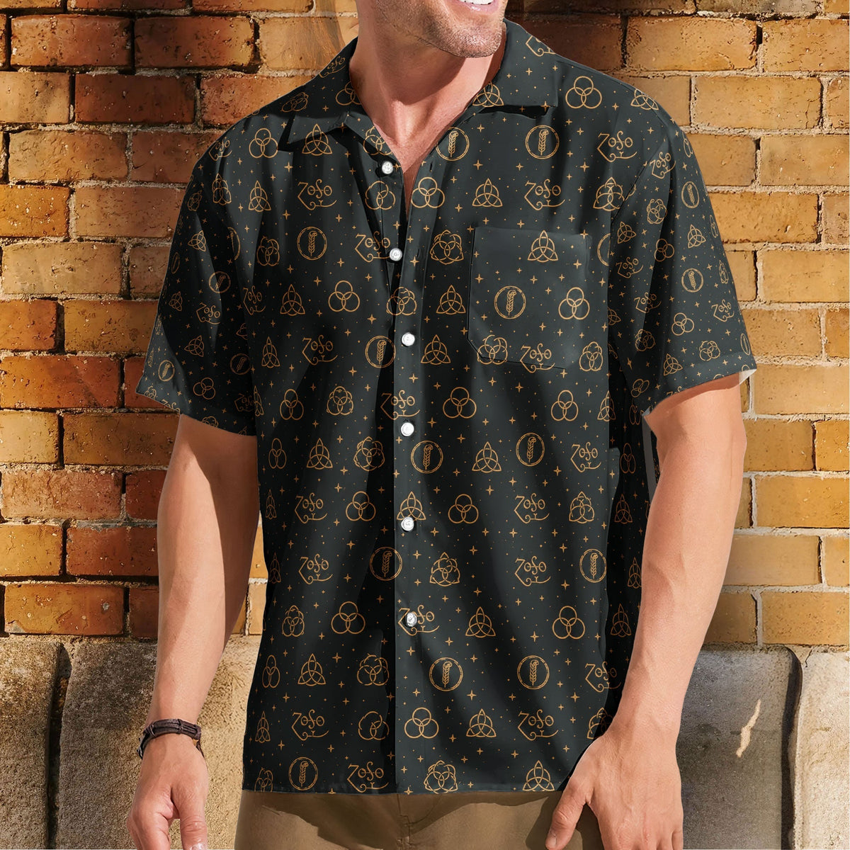 Led Zeppelin Four Symbols ZoSo Black Gold Monogram Hawaiian Shirt – Retro Music Album Art Inspired Unisex Shirt