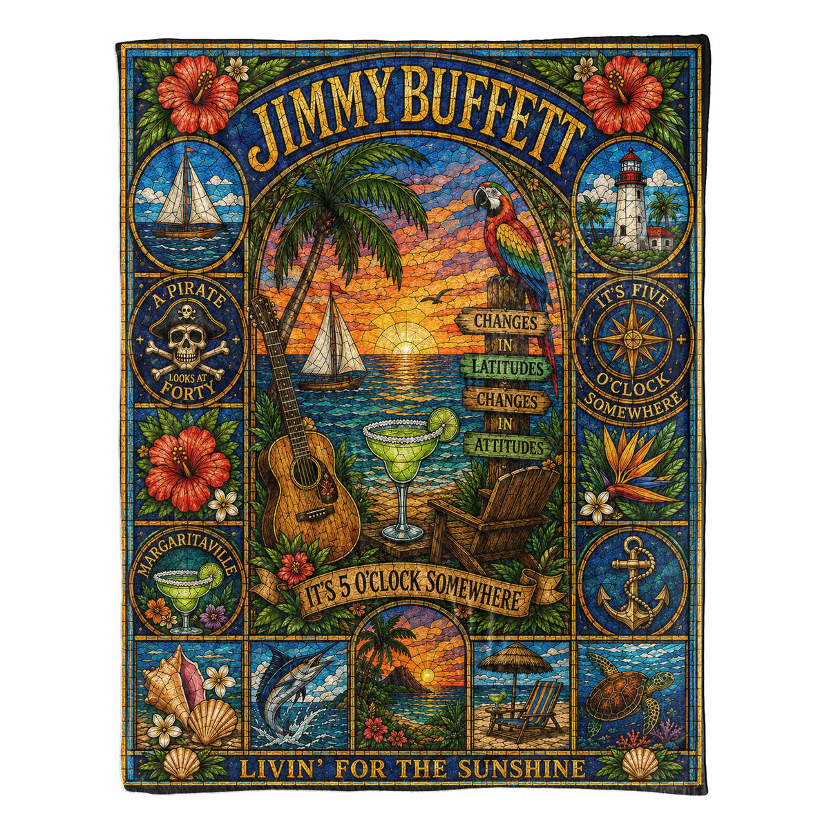 Jimmy Buffett Sherpa Blanket Margaritaville Stained Glass Blanket