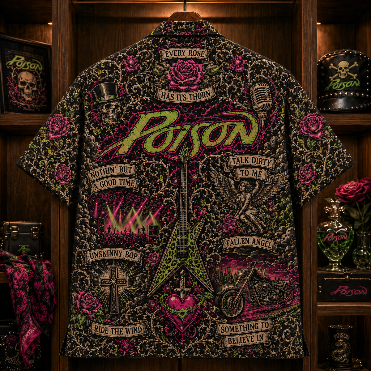 Poison Hawaiian Shirt - Glam Metal Rock Band Button Up Shirt with Every Rose Has Its Thorn, Talk Dirty and Unskinny Bop Art (Copy)