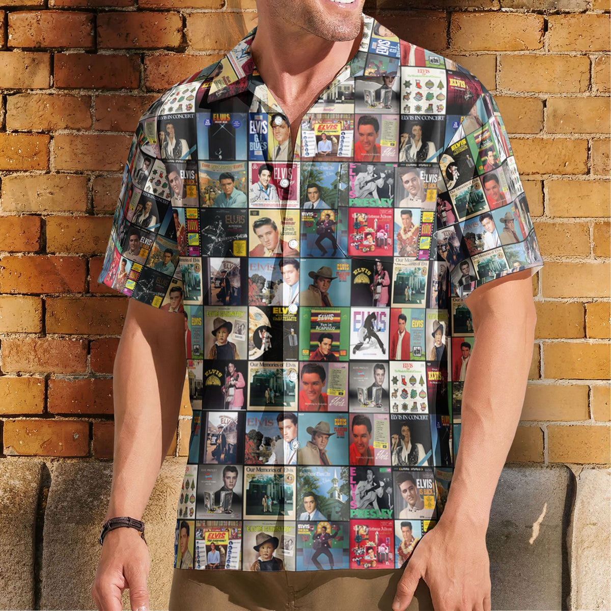 Elvis Presley Retro Music Album Art Mosaic Grid Colorful Hawaiian Shirt – Retro Music Album Art Inspired Unisex Shirt