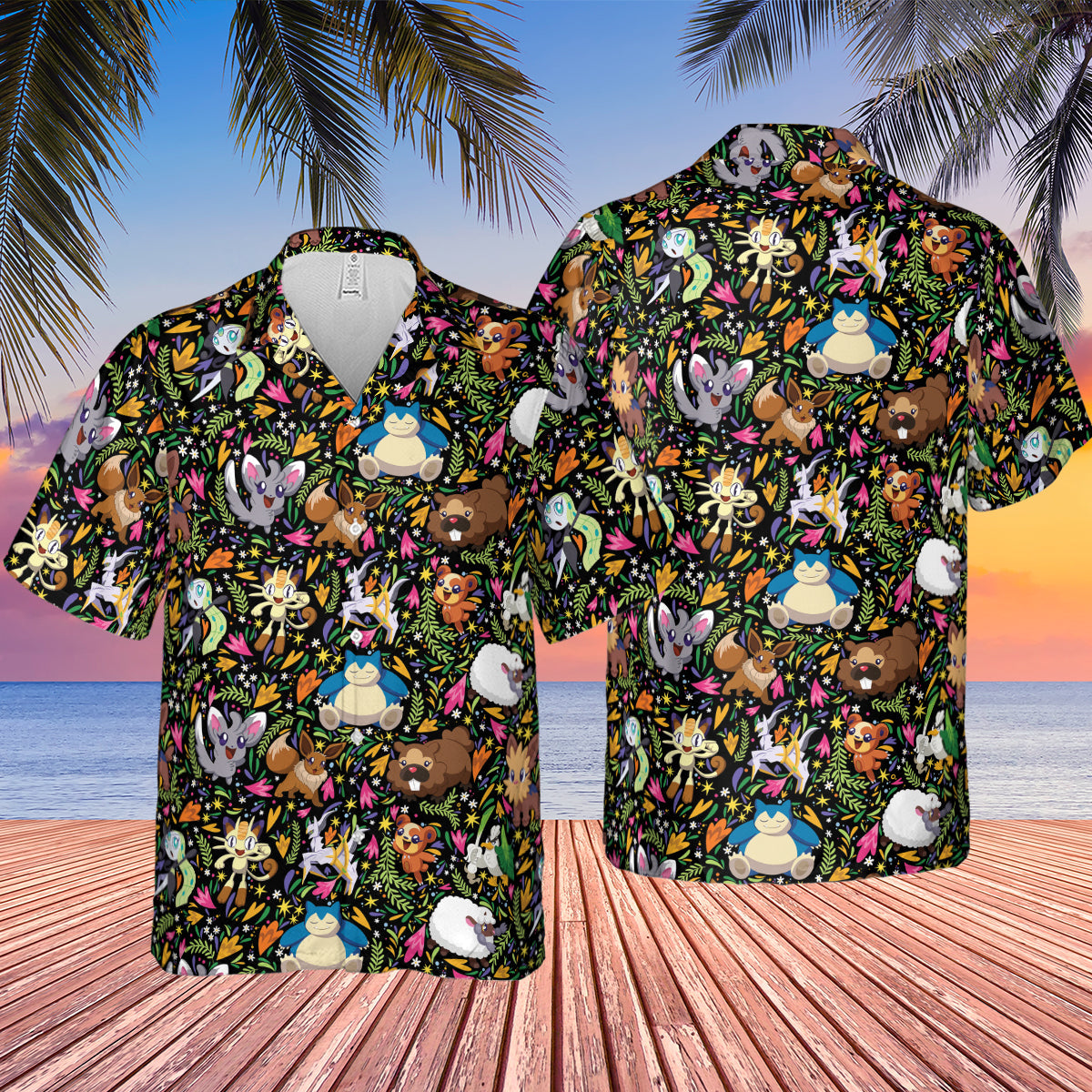 Floral Snorlax Bidoof Eevee Meloetta Pokemon Hawaiian Shirt