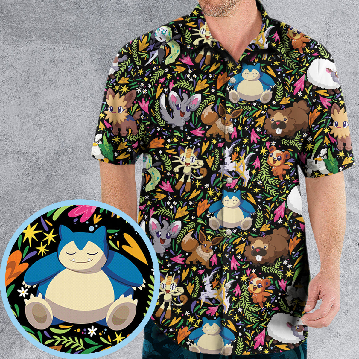 Floral Snorlax Bidoof Eevee Meloetta Pokemon Hawaiian Shirt