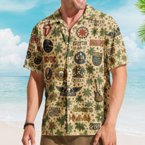 Classic Rock Band Logos Hawaiian Shirt - Unisex Cream Floral Rock Legends Collage Resort Wear