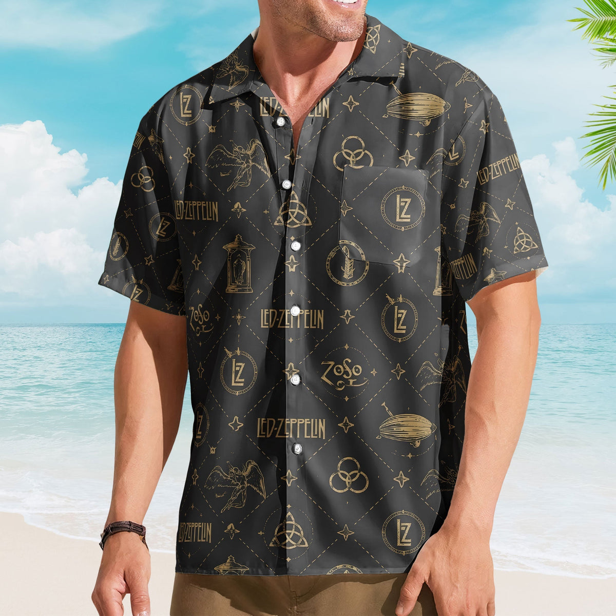 Led Zeppelin Symbols Hawaiian Shirt – Vintage Gold Icon Resort Shirt for Classic Rock Fans