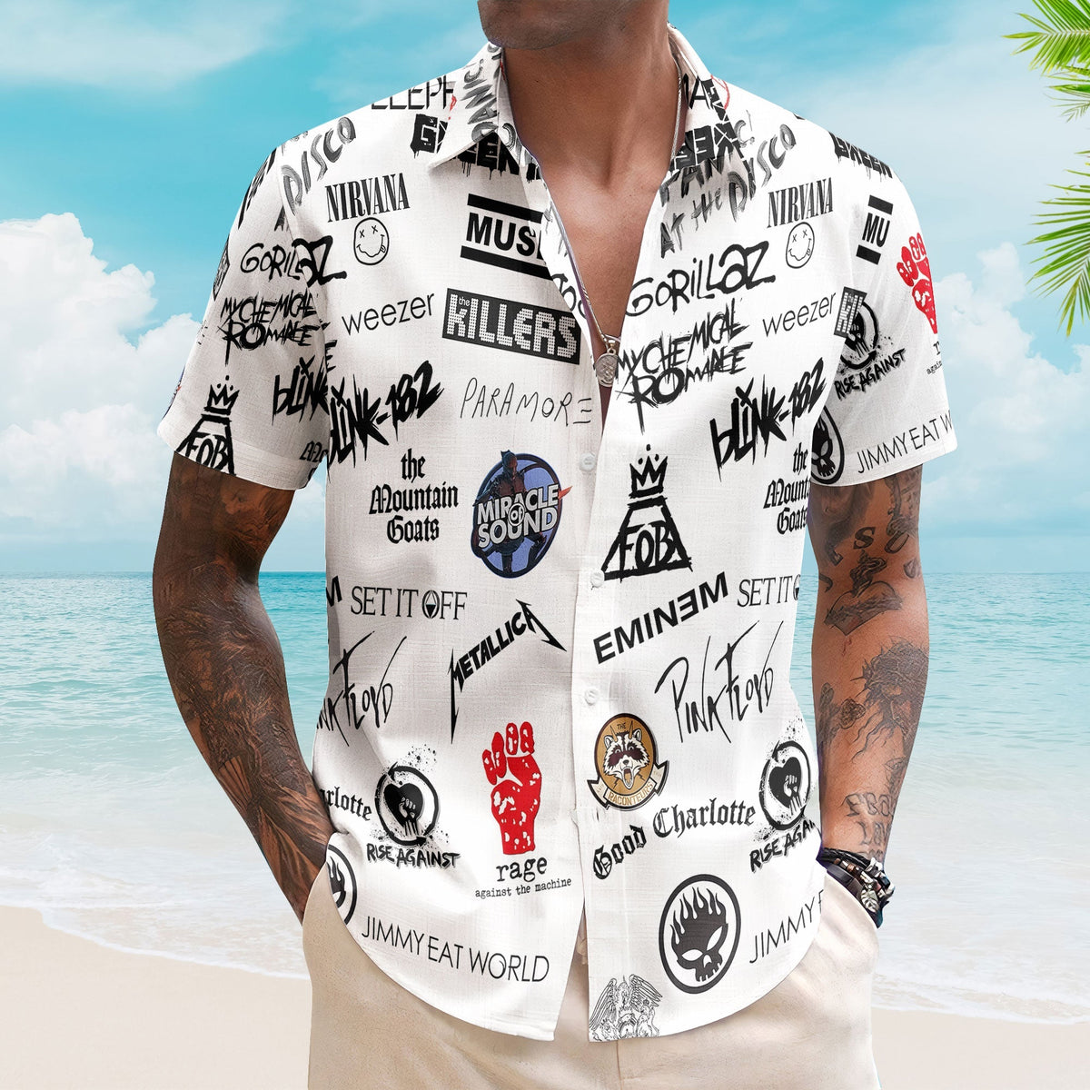 Pop Punk And Alternative Rock Band Logos Hawaiian Shirt - Unisex 2000s Emo Music Collage Button Up
