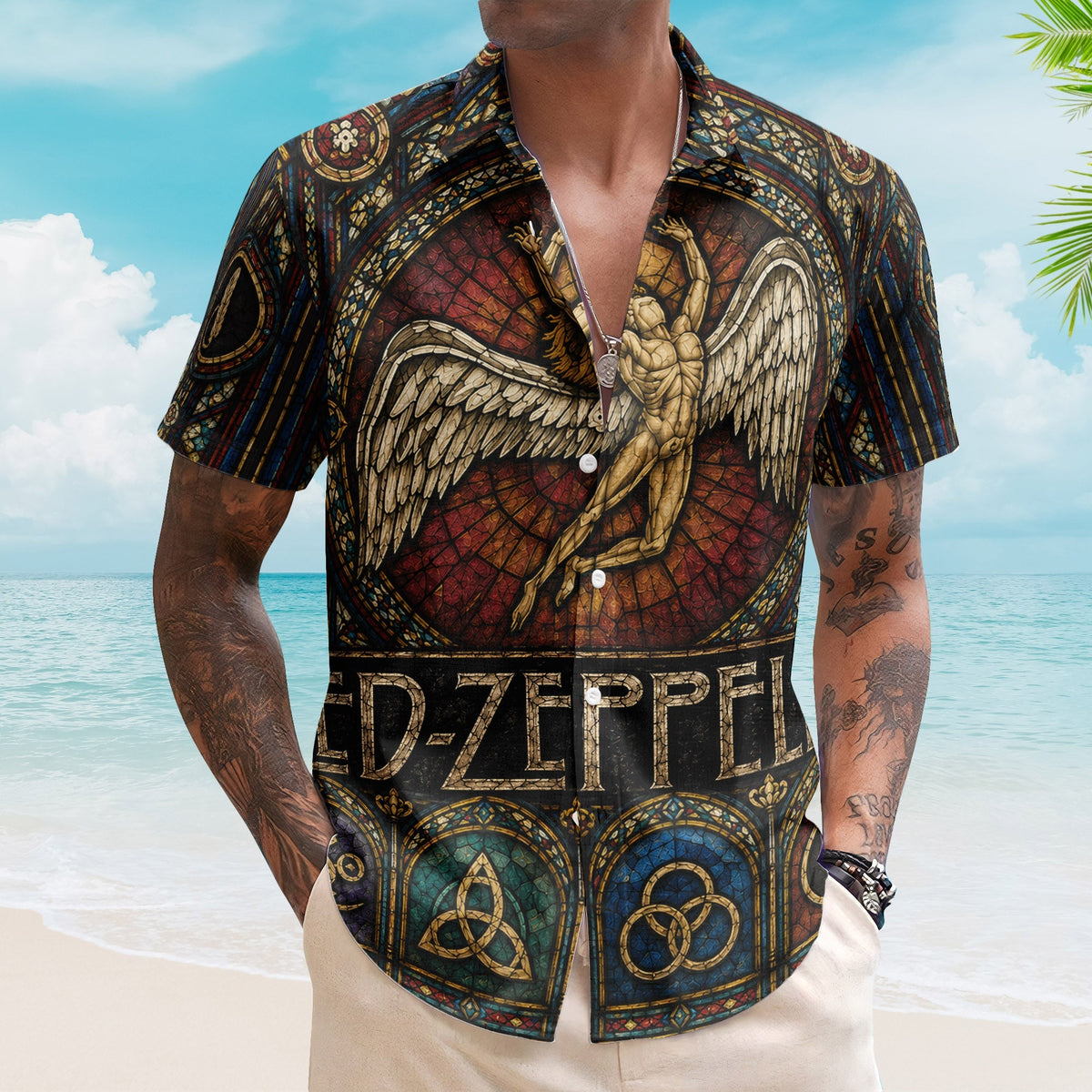 Led Zeppelin Swan Song Angel Hawaiian Shirt - Unisex Colorful Stained Glass Button Up