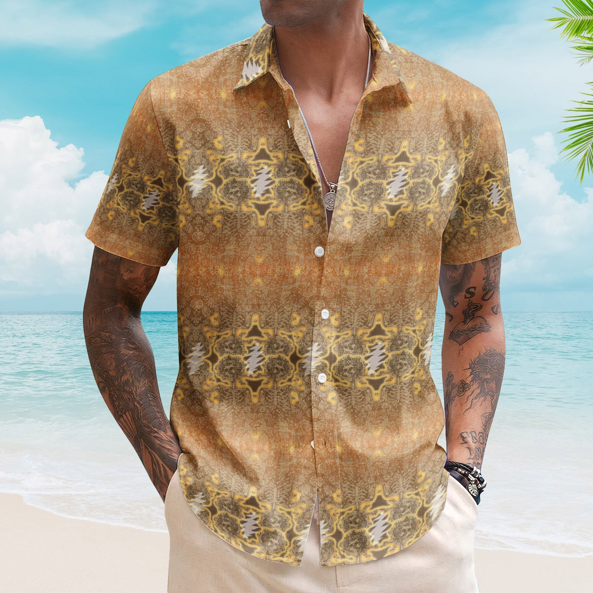 Grateful Dead Desert Bolt Electric Woodcut III Hawaiian Shirt – Retro Music Album Art Inspired Shirt