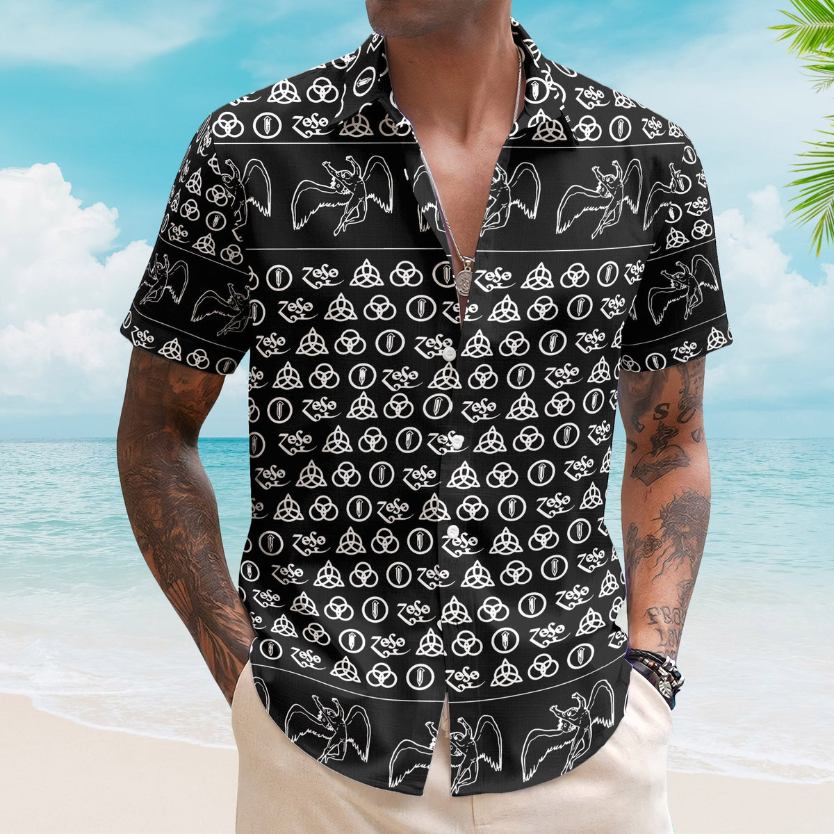 Led Zeppelin ZoSo Monogram Hawaiian Shirt – Unisex Swan Song Angel Graphic Collage Button Up