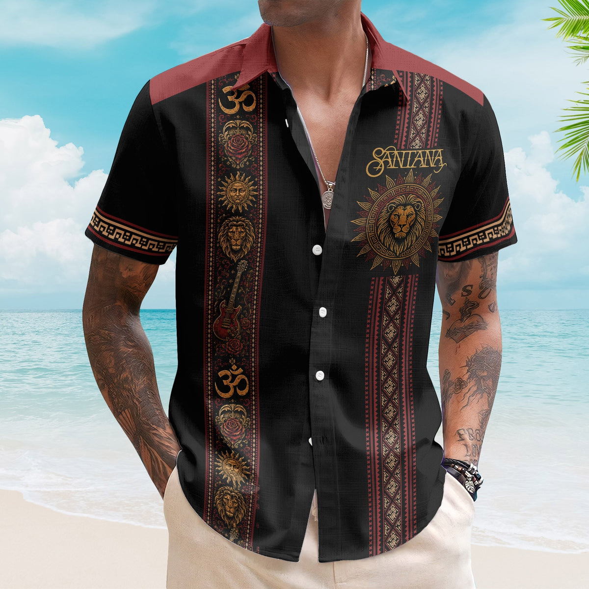Santana Hawaiian Shirt - Unisex Retro Sun Lion Om Symbol Vertical Stripe Button Up