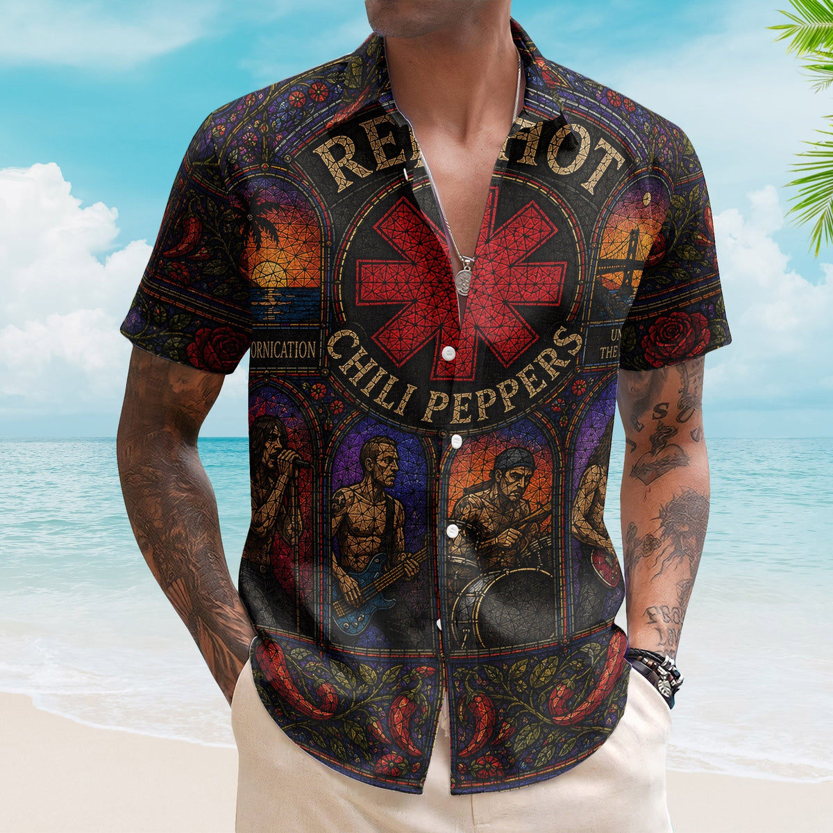 Red Hot Chili Peppers Gothic Stained Glass Hawaiian Shirt - Unisex Retro Californication Star Logo Button Up