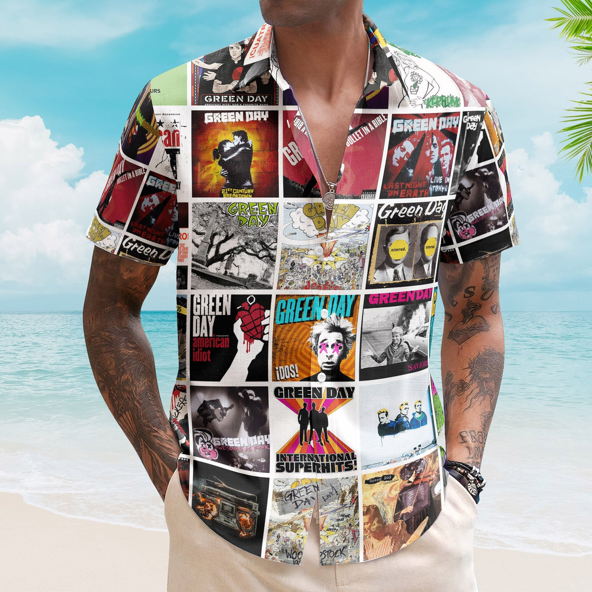 Green Day Hawaiian Shirt – Album Cover Collage Punk Rock Summer Button Up