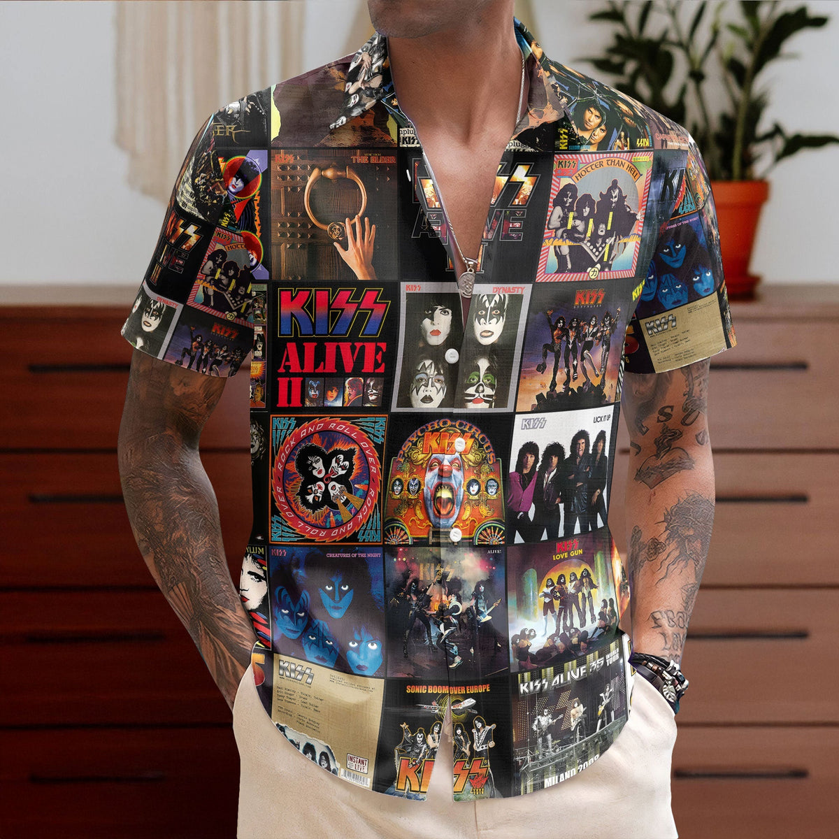 KISS Hawaiian Shirt – Album Cover Collage Glam Rock Summer Button Up