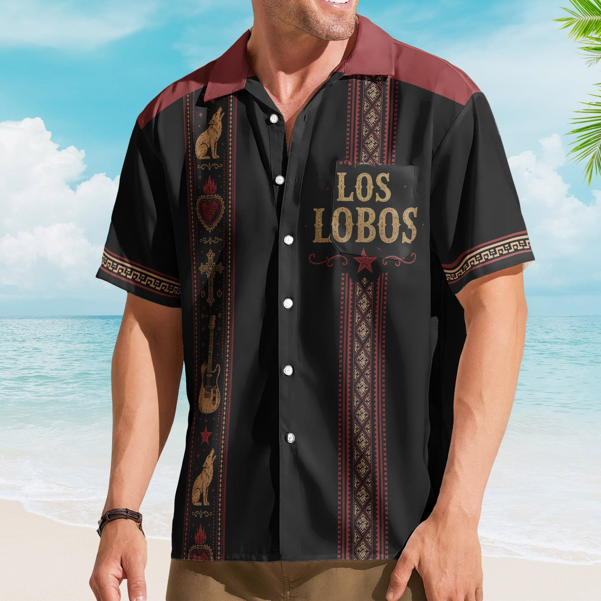 Los Lobos Hawaiian Shirt - Unisex Retro Howling Wolf Sacred Heart Vertical Stripe Button Up