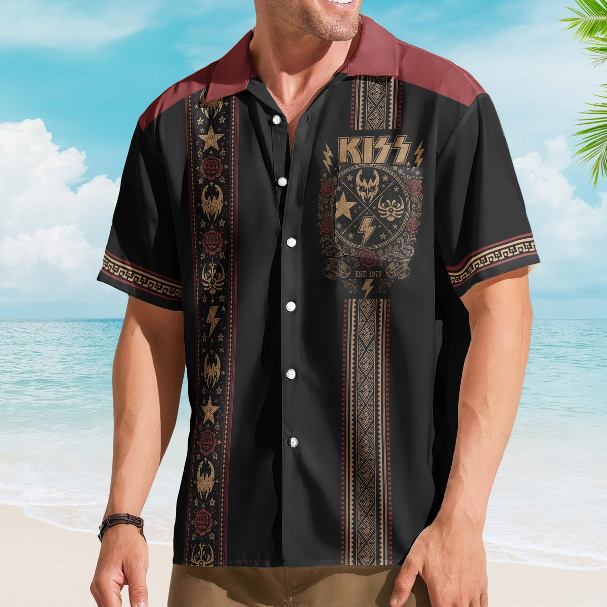 Kiss Hawaiian Shirt - Unisex Black Burgundy Tribal Lightning Bolt Summer Button Up