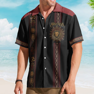 Santana Hawaiian Shirt - Unisex Retro Sun Lion Om Symbol Vertical Stripe Button Up