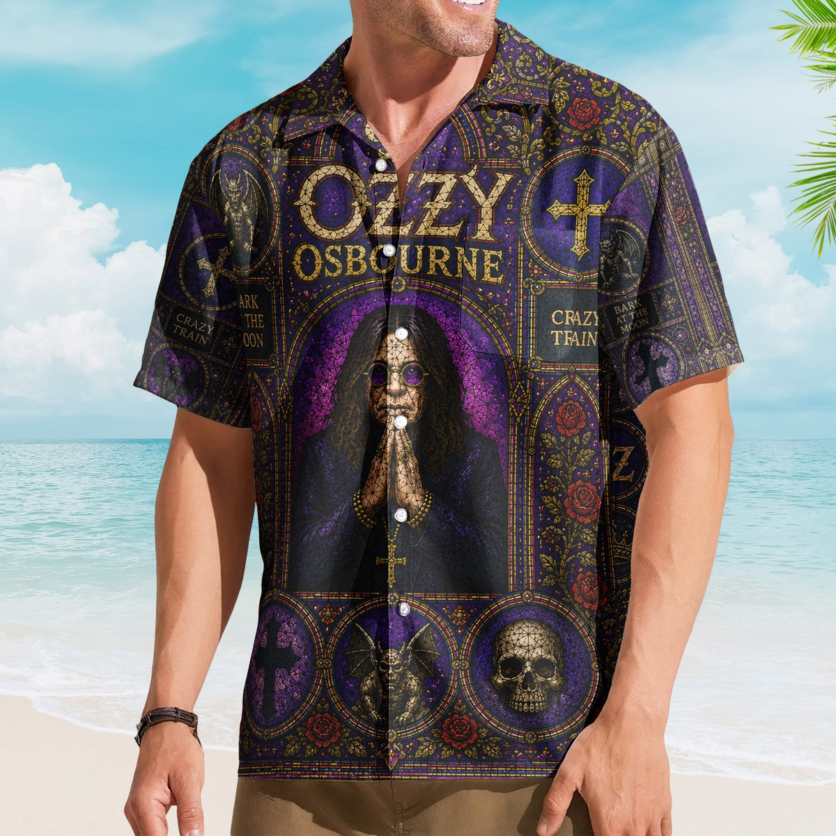 Ozzy Osbourne Gothic Stained Glass Hawaiian Shirt - Unisex Heavy Metal Beach Button Up