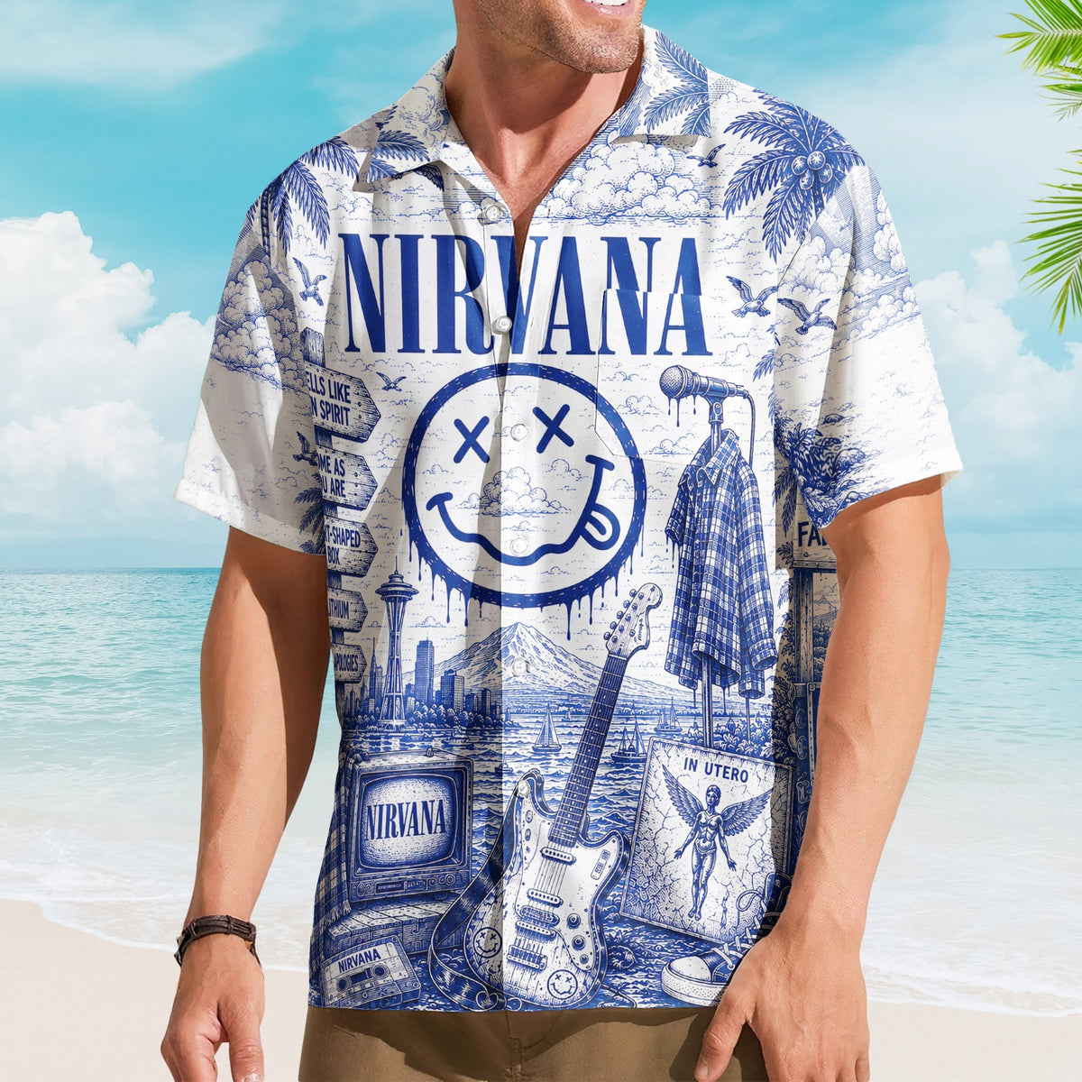 Nirvana Toile De Jouy Hawaiian Shirt - Unisex Vintage Smells Like Teen Spirit Blue Line Art Summer Button Up