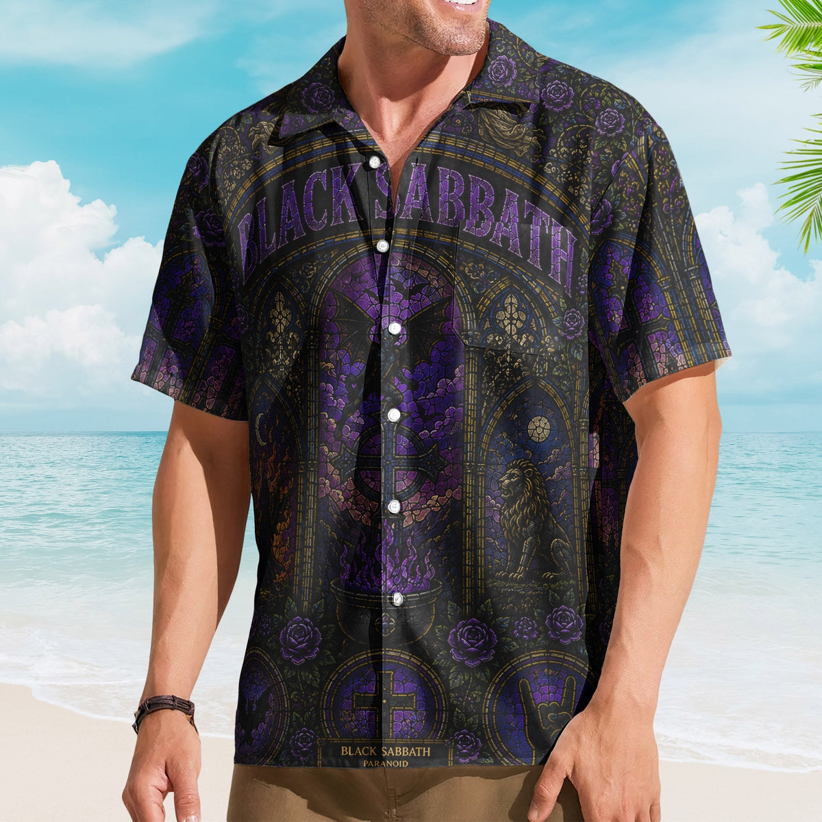 Black Sabbath Hawaiian Shirt - Unisex Retro Doom Rock Purple Cathedral Window Button Up