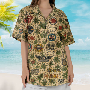 Classic Rock Band Logos Hawaiian Shirt - Unisex Cream Floral Rock Legends Collage Resort Wear