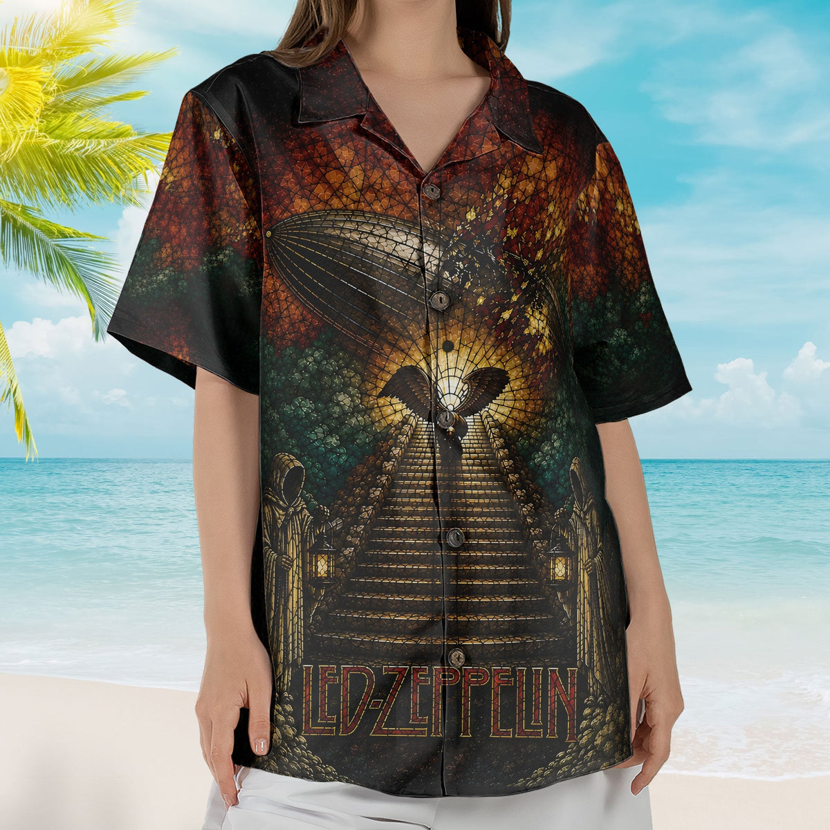 Led Zeppelin Stained Glass Hawaiian Shirt - Unisex Airship Stairway To Heaven Button Up
