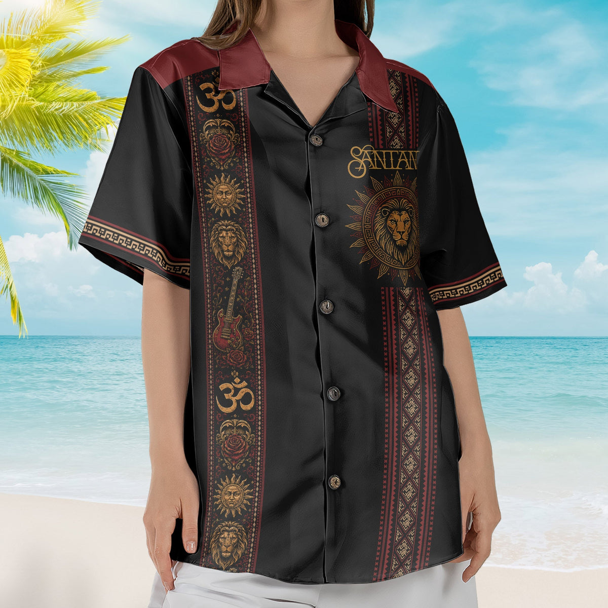 Santana Hawaiian Shirt - Unisex Retro Sun Lion Om Symbol Vertical Stripe Button Up